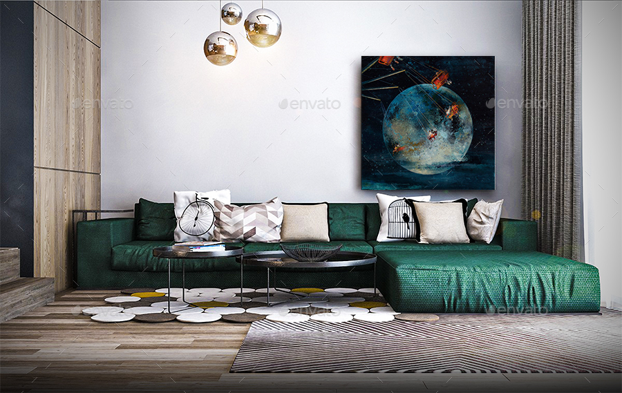 Art Wall Gallery Mockup vol.2 Frontal View Living Room, Graphics